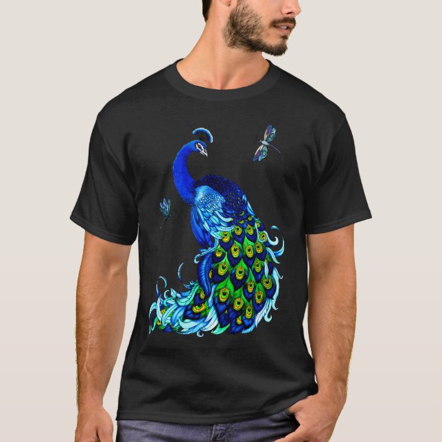 T-shirt Bleu Peacock Et Dragonlies (Devant)