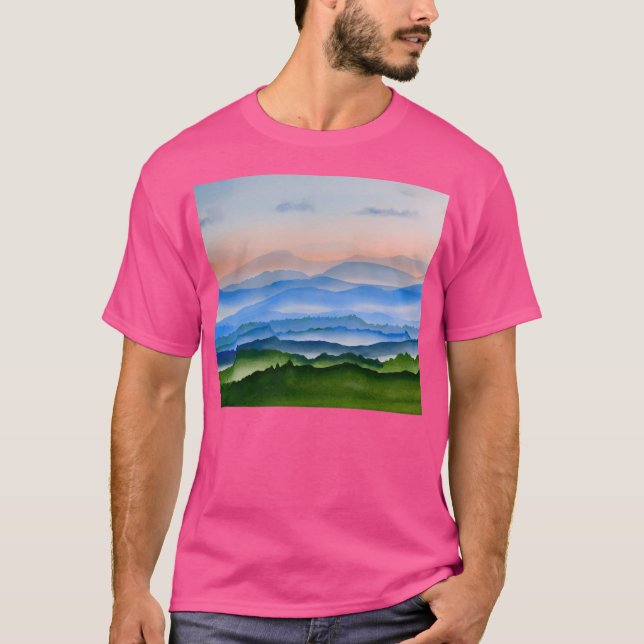 T-shirt Bleu Ridge Dans L'Aquarelle Mist Imprimer Actif (Devant)