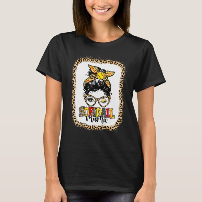 T-shirt Bleu Softball Mama Leopard Messy Bun Player Mo (Devant)