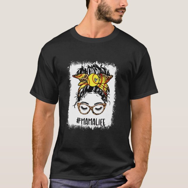 T-shirt Bleu Softball Mama Messy Bun Jeu Mères (Devant)