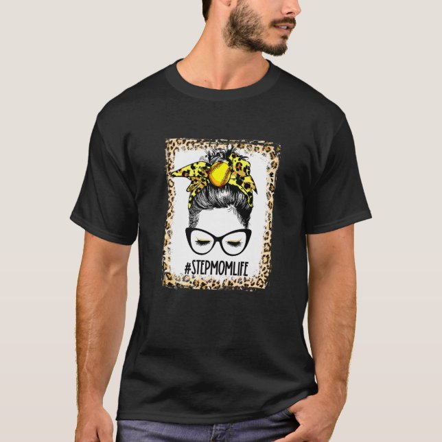 T-shirt Bleu Softball Stepmaman Messy Bun Jour Mothe (Devant)