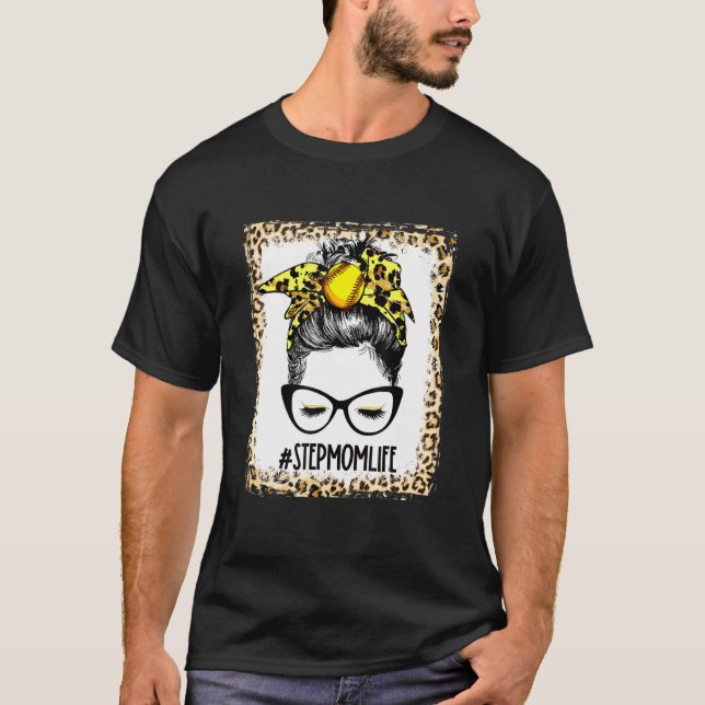 T-shirt Bleu Softball Stepmaman Messy Bun Jour Mothe (Devant)