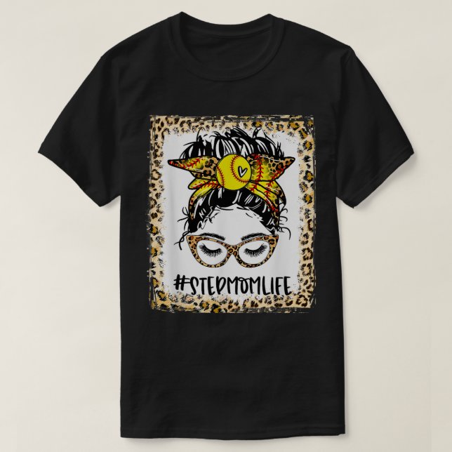 T-shirt Bleu Softball Stepmaman Messy Bun Jour Mothe (Design devant)