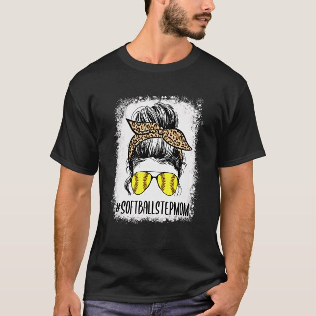 T-shirt Bleu Softball Stepmaman Vie Leopard Messy Bun M (Devant)