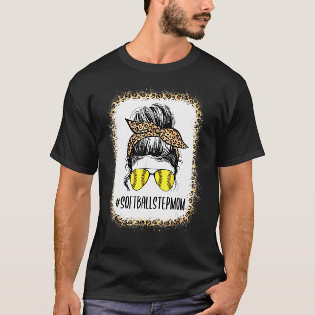 T-shirt Bleu Softball Stepmaman Vie Leopard Messy Bun M (Devant)