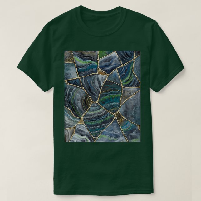T-shirt Bleu Vert Agate Motif Géode Art Kintsugi Art (Design devant)