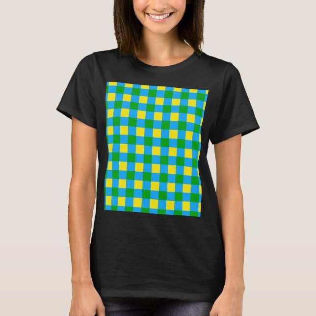 T-shirt Bleu Vert Jaune Chèque Plaid Design Motif (Devant)
