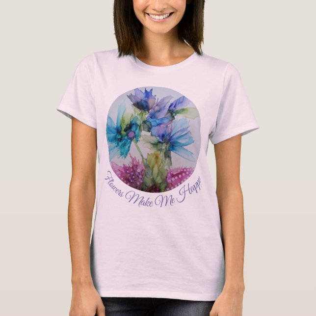 T-shirt Bleu violet rose vert rose Art Floral (Devant)