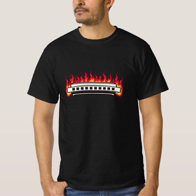 T-shirt Bleus d'instrument de flamme Harmonica (Devant)