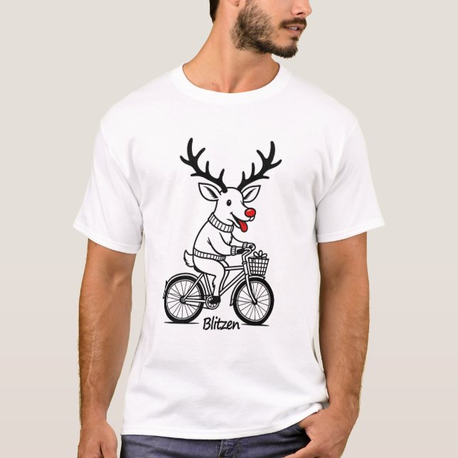 T-shirt Blitzen The Reindeer Riding a Bike  (Devant)