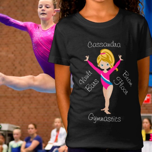 T-Shirt Blonde de gymnastique, Yeux Bleus, Léotard Rose (Créateur téléchargé)