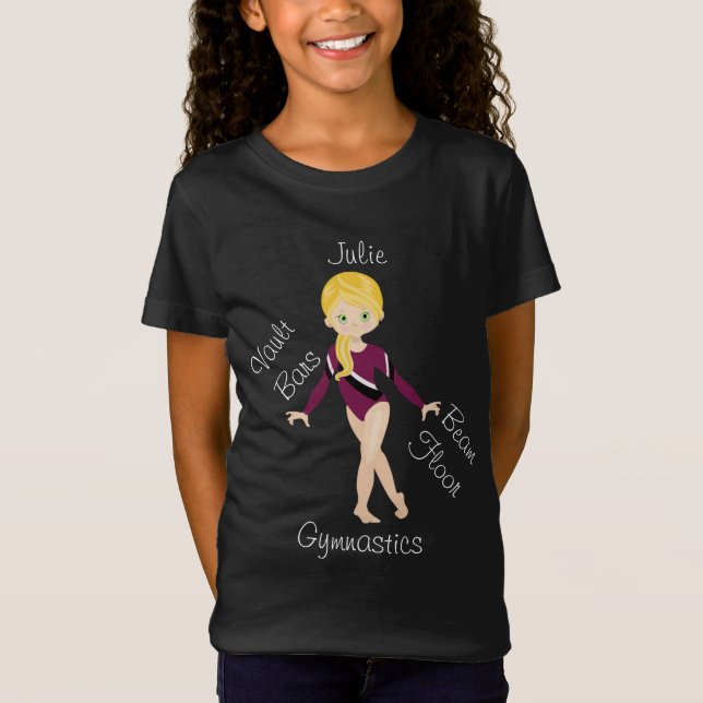 T-Shirt Blonde de gymnastique, Yeux verts, Léotard bordeau (Devant)