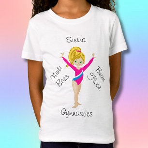 T-Shirt Blonde de gymnastique, Yeux verts, Léotard rose