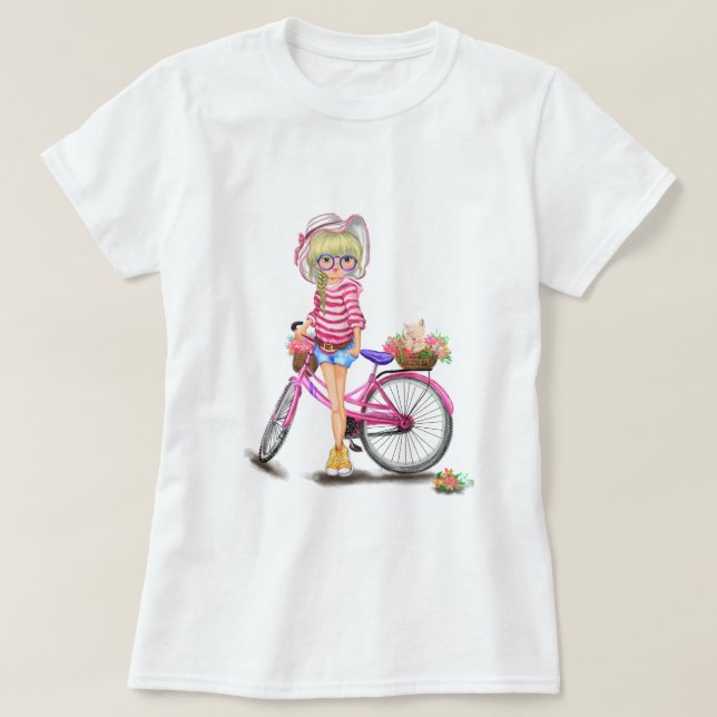T-shirt Blonde Girl avec Vélo Rose (Design devant)