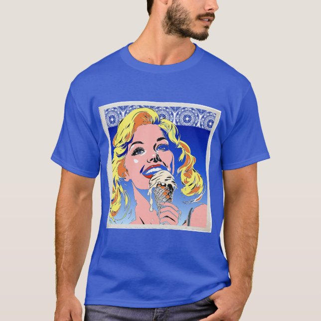 T-shirt Blonde mangeant une glace dans le style Pop Art co (Devant)