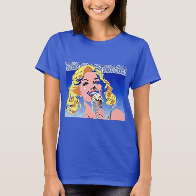 T-shirt Blonde mangeant une glace dans le style Pop Art co (Devant)
