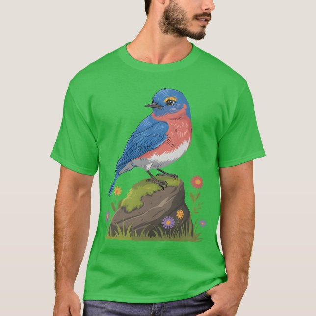 T-shirt Blue Bird On Rock With Flowers friends (Devant)