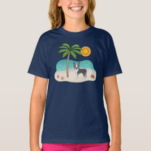 T-shirt Blue Boston Terrier À Une Plage Tropicale D'Été