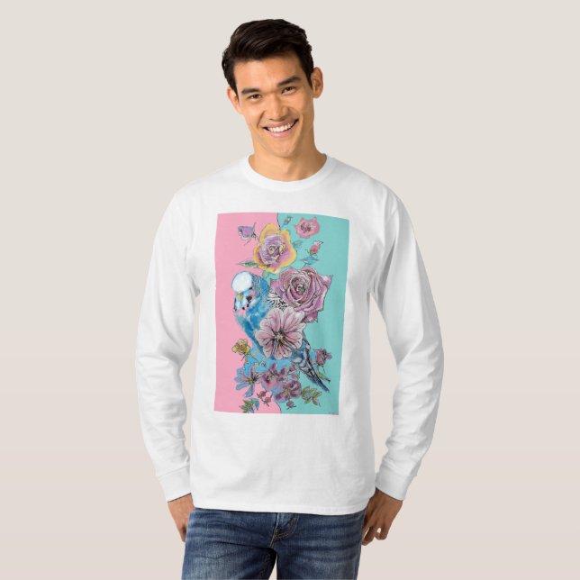 T-shirt Blue Budgie Aquarelle Rouge Roses art floral (Devant entier)