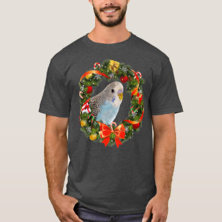 T-shirt Blue Budgie Parakee Wreath Christmas Premium