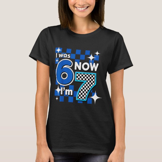 T-shirt Blue Checkered I Was 6 Now I'm 7 Birthday  (Devant)