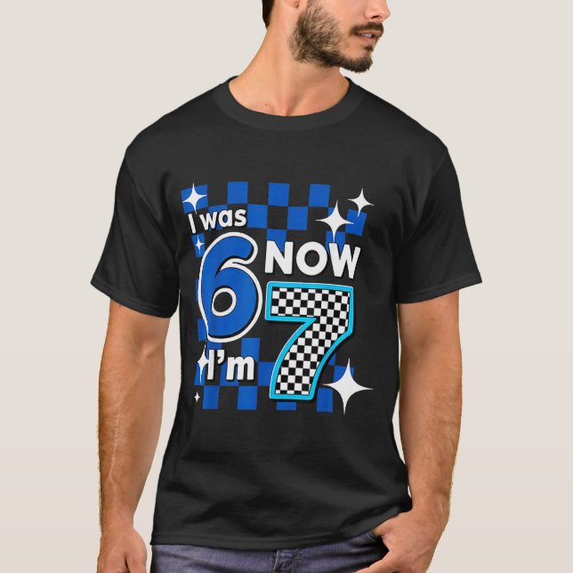 T-shirt Blue Checkered I Was 6 Now I'm 7 Birthday  (Devant)