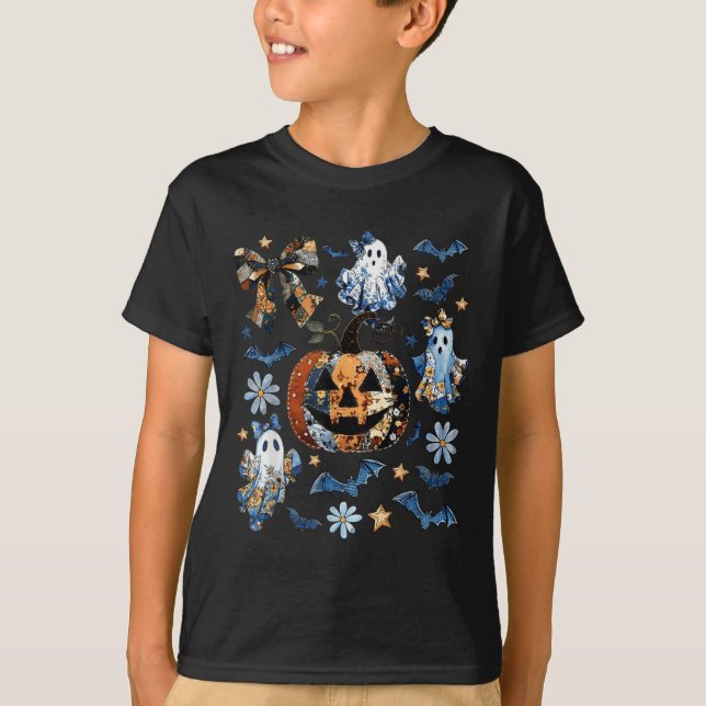 T-shirt Blue Denim Floral Patchwork Citrouille Ghost Coque (Devant)