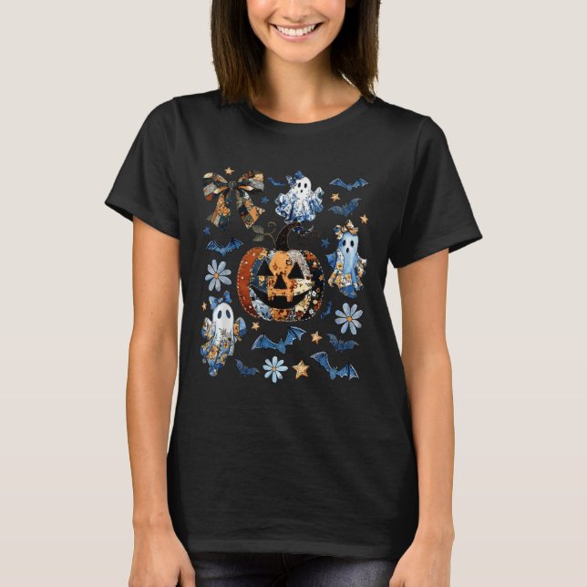 T-shirt Blue Denim Floral Patchwork Citrouille Ghost Coque (Devant)