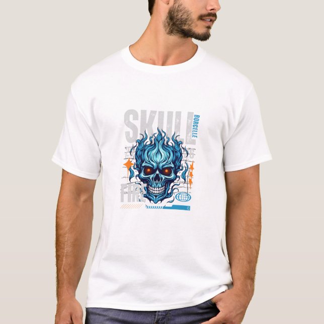 T-shirt Blue Flaming Skull Streetwear Design | Cyberpunk G (Devant)