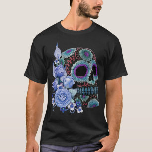T-shirt Blue Floral Black Sugar Skull Jour des morts