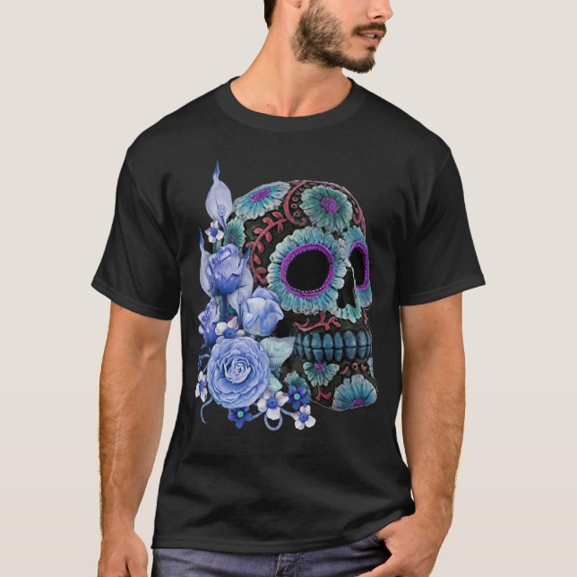 T-shirt Blue Floral Black Sugar Skull Jour des morts (Devant)