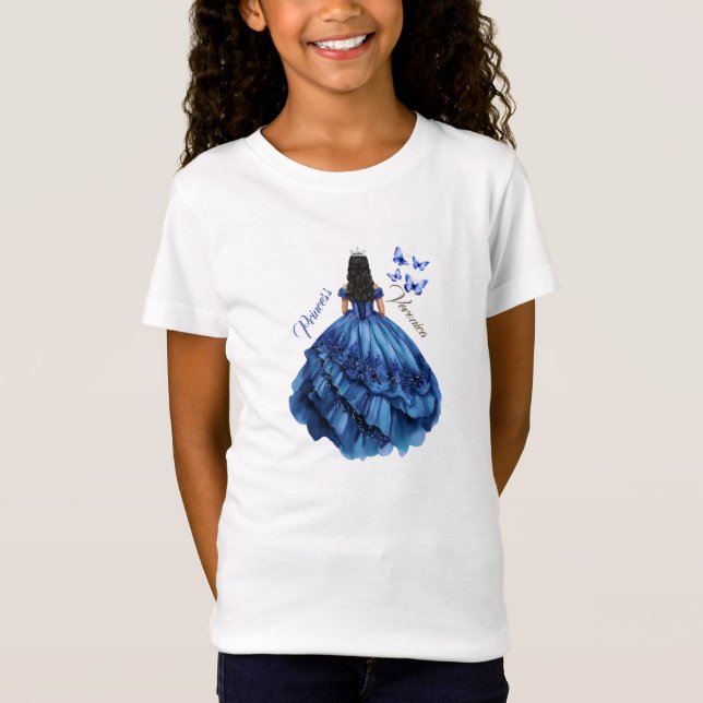 T-Shirt Blue Floral Princess Fille fête d'anniversaire (Devant)
