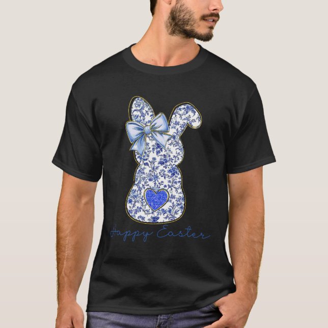 T-shirt Blue Floral Toile Chinoiserie Bunny Easter For Gir (Devant)