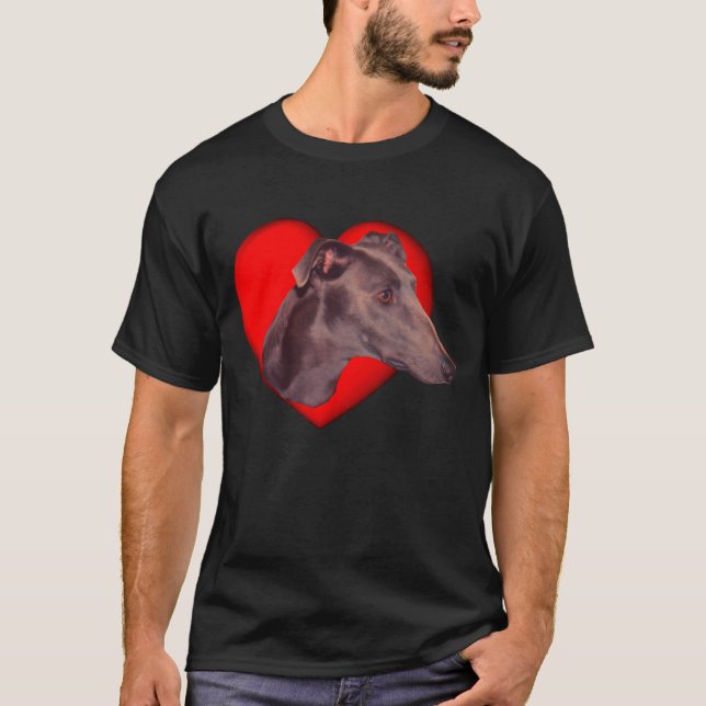T-shirt Blue Greyhound Face Red Heart Chien (Devant)