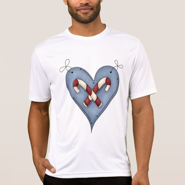 T-shirt Blue Heart with Candy Canes Country Christmas (Devant)