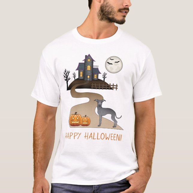 T-shirt Blue Iggy Cute Dog Et Halloween Maison Hantée (Devant)