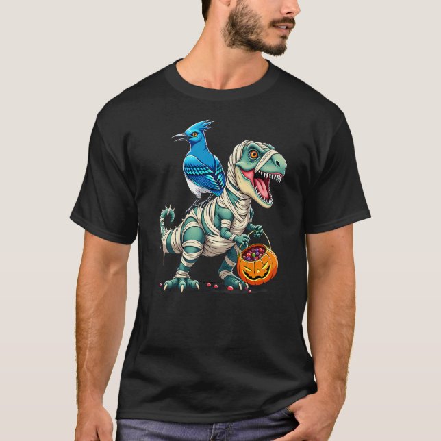 T-shirt Blue Jay Riding Mummy T-Rex Dinosaur Halloween (Devant)