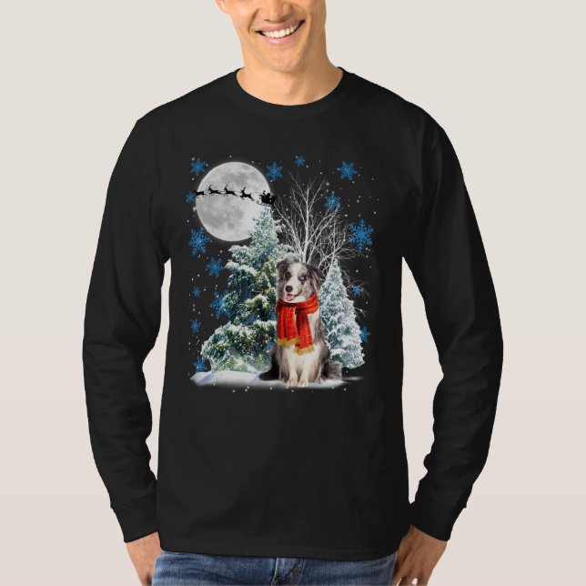 T-shirt Blue Merle Collie Sous La Lune Neige Noël P (Devant)