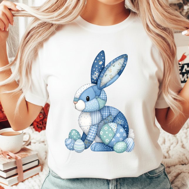 T-shirt Blue Patchwork Easter Bunny Floral Gingham Spring (Créateur téléchargé)