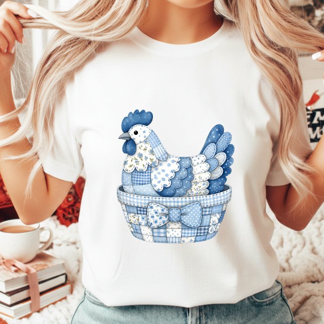 T-shirt Blue Patchwork Easter Chicken Gingham Floral (Créateur téléchargé)