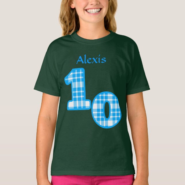 T-shirt Blue Plaid 10th Birthday Personnalisé Nom 2 (Devant)