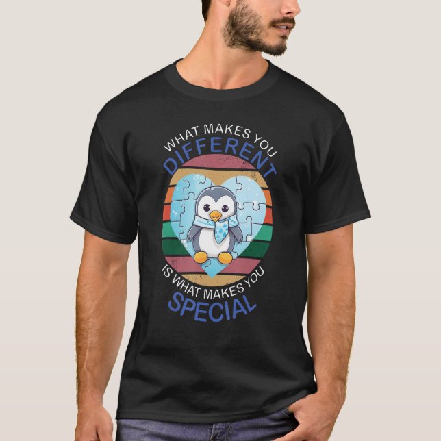 T-shirt Blue Puzzle Autism Child Awareness Penguin (Devant)