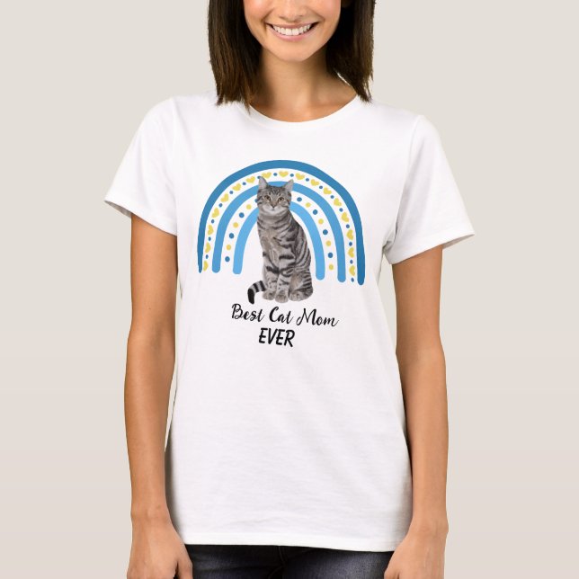 T-shirt Blue Rainbow Best Grey Tabby Cat Mom (Devant)