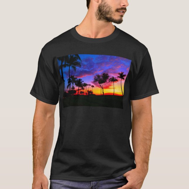 T-shirt Blue Red Sunset Exotic Hawaiian Beach Palm Trees (Devant)