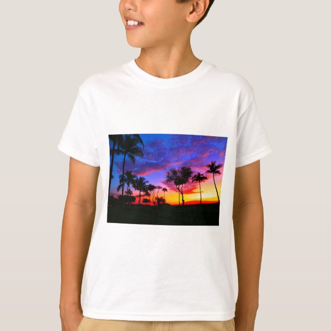 T-shirt Blue Red Sunset Exotic Hawaiian Beach Palm Trees (Devant)
