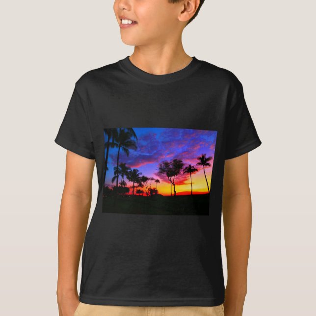 T-shirt Blue Red Sunset Exotic Hawaiian Beach Palm Trees (Devant)