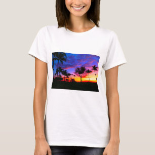 T-shirt Blue Red Sunset Exotic Hawaiian Beach Palm Trees