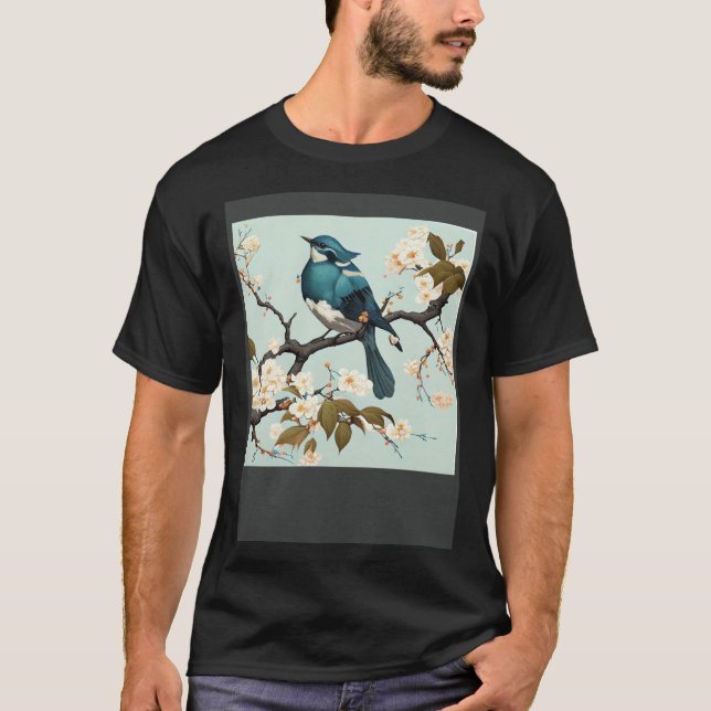 T-shirt Blue waxbill Bird in Japanese white Cherry Blossom (Devant)