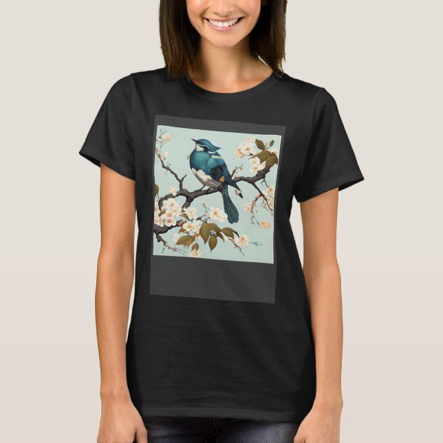 T-shirt Blue waxbill Bird in Japanese white Cherry Blossom (Devant)