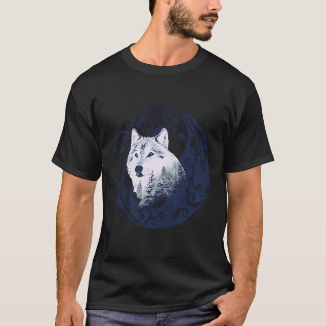 T-shirt Blue Wolf Yin Yang Mandala Forest Nature Art Desig (Devant)